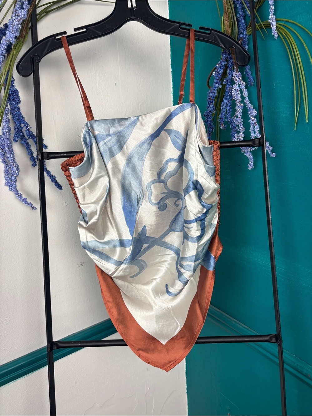 Silk-Feel Blue Floral Scarf Tank Top - Rust Trim cute dressy top
